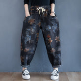 Boutique Schwarze Haremshose aus Denim mit Patchwork-Print
